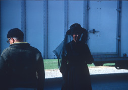 Actress Hope Summers (Mrs. Kiner) in black attire. Photograph likely taken around time of filming of the funeral of Sarah Winger.