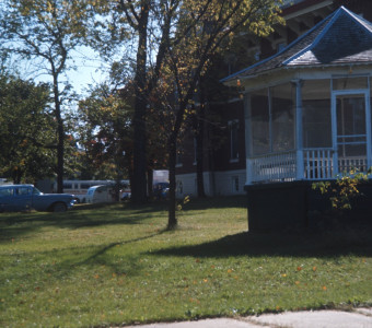 Gazebo outside of courthouse building used for trial scene.