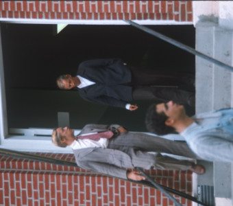 Actors Don Dubbins (Harley Davis) and Malcolm Atterury (Silas Newhall) exiting the courthouse from the trial scene.