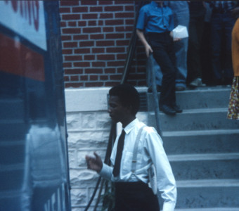 Actor Kyle Johnson (Newt Winger) exiting courthouse from trial scene.