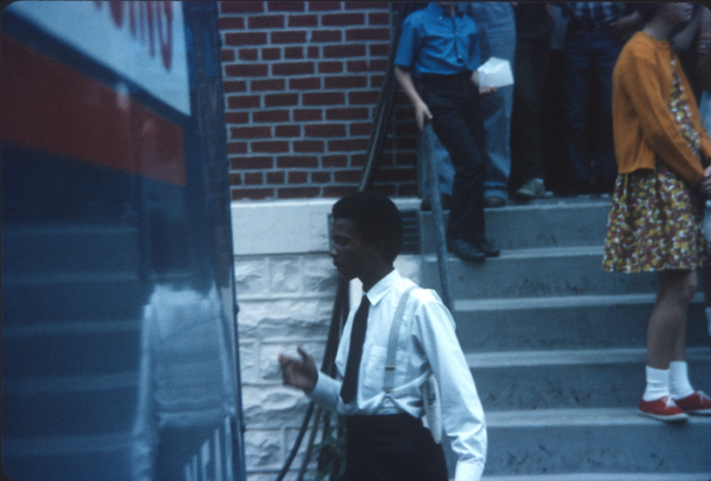 Actor Kyle Johnson (Newt Winger) exiting courthouse from trial scene.