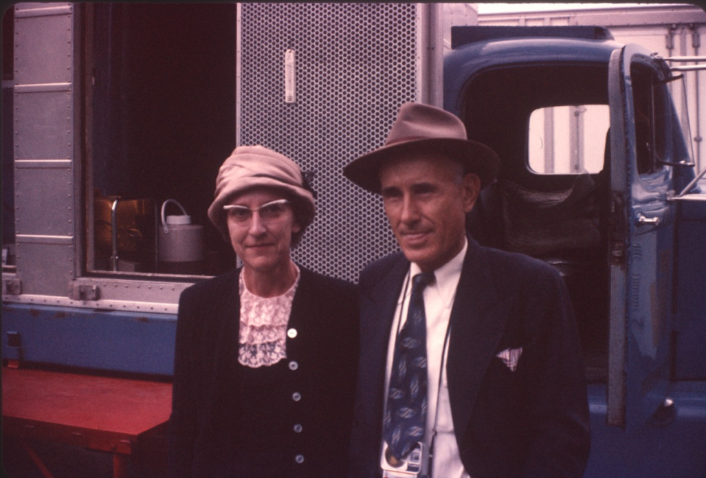 Actor George Mitchell (Jake Kiner) and Actress Hope Summers (Mrs. Kiner) pose for a photograph on set.