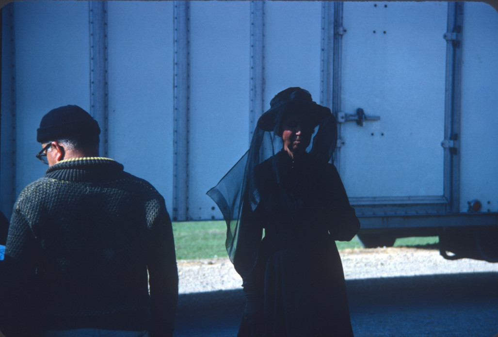 Actress Hope Summers (Mrs. Kiner) in black attire. Photograph likely taken around time of filming of the funeral of Sarah Winger.